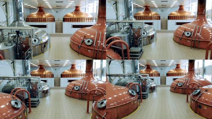 现代设备在酿造厂工作，用容器制造啤酒。