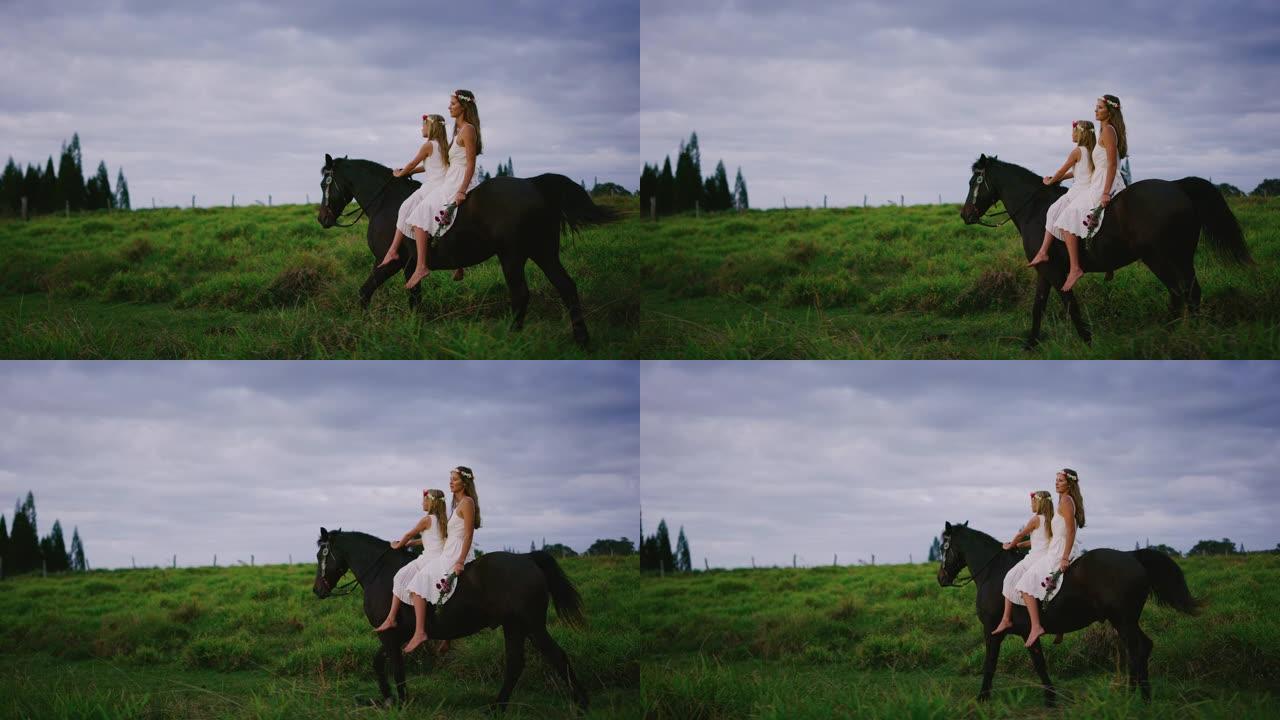 幸福女人和花姑娘一起骑马