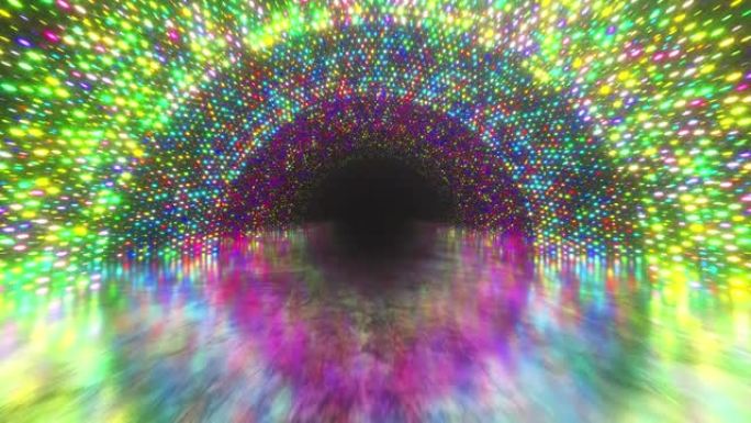 明亮的光隧道发光的多色点和反射金属刮擦的纹理地板。灯光隧道舞台为您的视频背景，音乐会视觉表演。无缝循