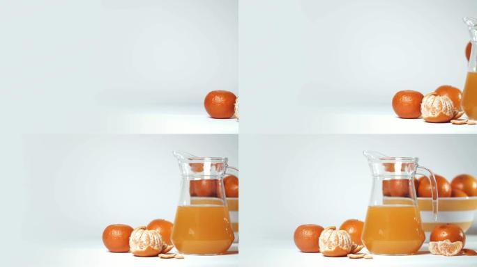 橙子，去皮的橙子和橙汁在玻璃中。橙汁。