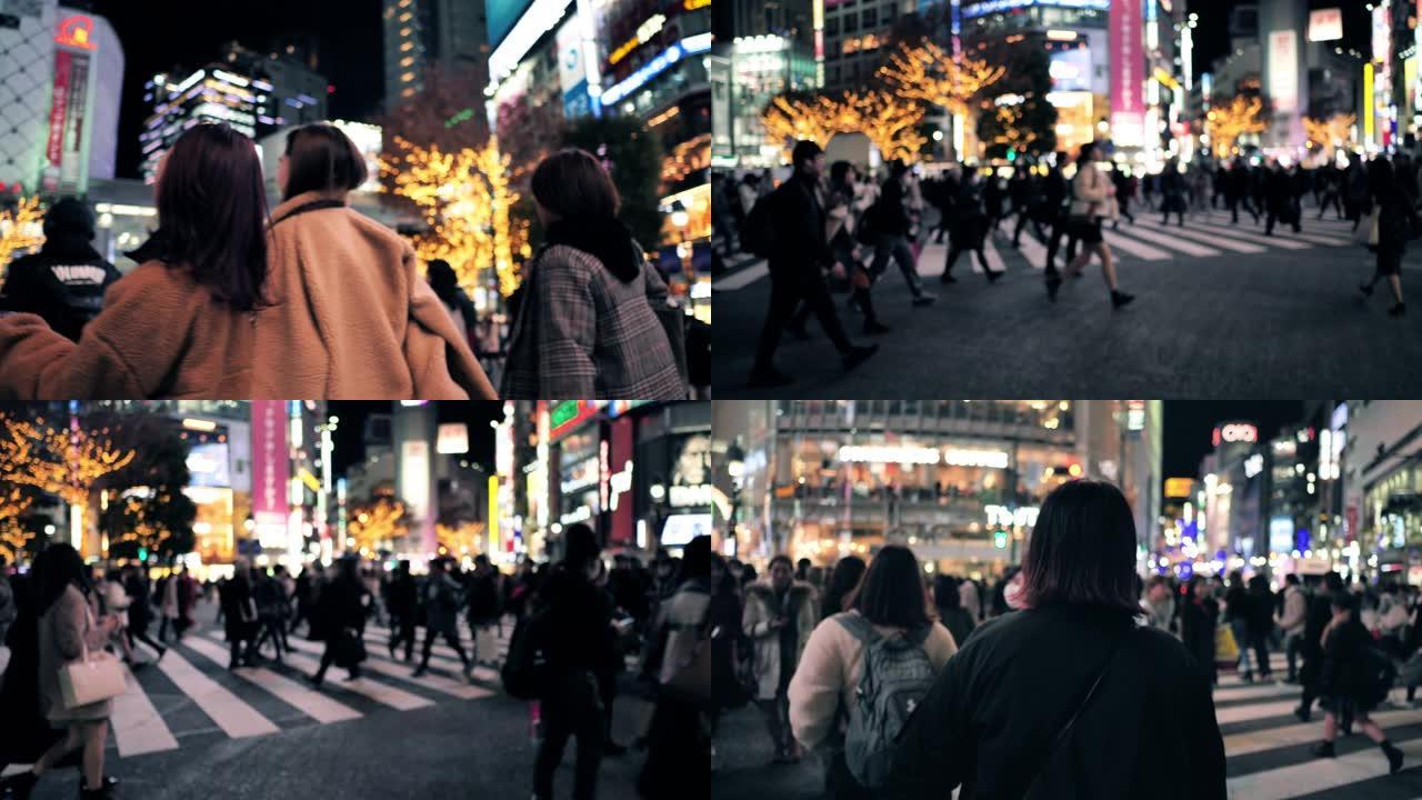 涩谷夜间争夺路口商业街区商场门口人流商场