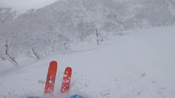 POV: 在未触及的白雪皑皑的森林中滑雪时，从自然踢脚处跳下来。