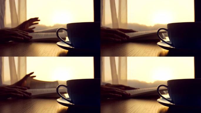 喝咖啡看书读书特写