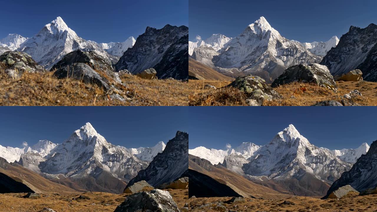 尼泊尔阿马达布兰山。喜马拉雅的雪峰。徒步前往珠穆朗玛峰大本营。Steadicam镜头，4K