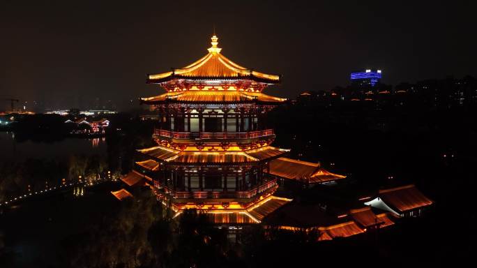 西安大唐芙蓉园夜景航拍4K西安古建筑夜景