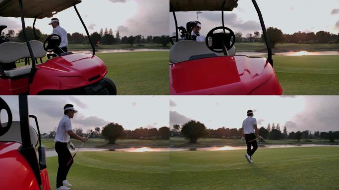 快乐驾驶高尔夫球车和高尔夫球杆。体育电影
