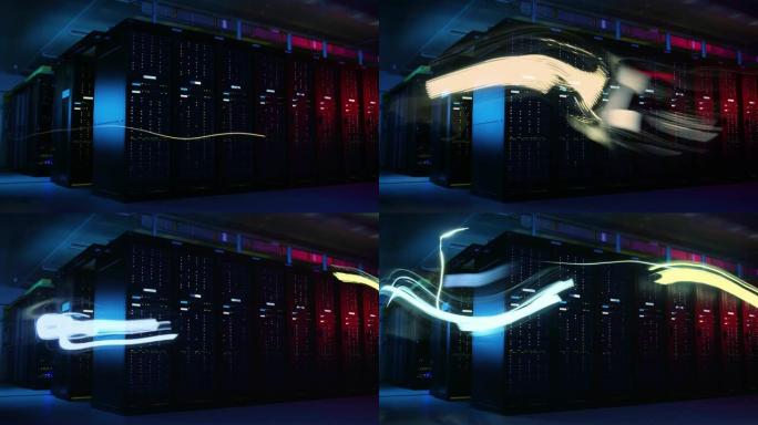霓虹灯黑暗数据中心的延时，光线在多排操作服务器机架之间飞行。快速现代世界的概念，信息和数据流的即时传
