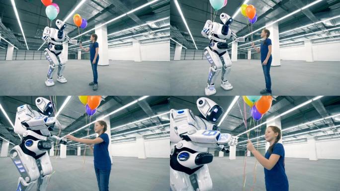 高个子机器人正在给一个小女孩送气球