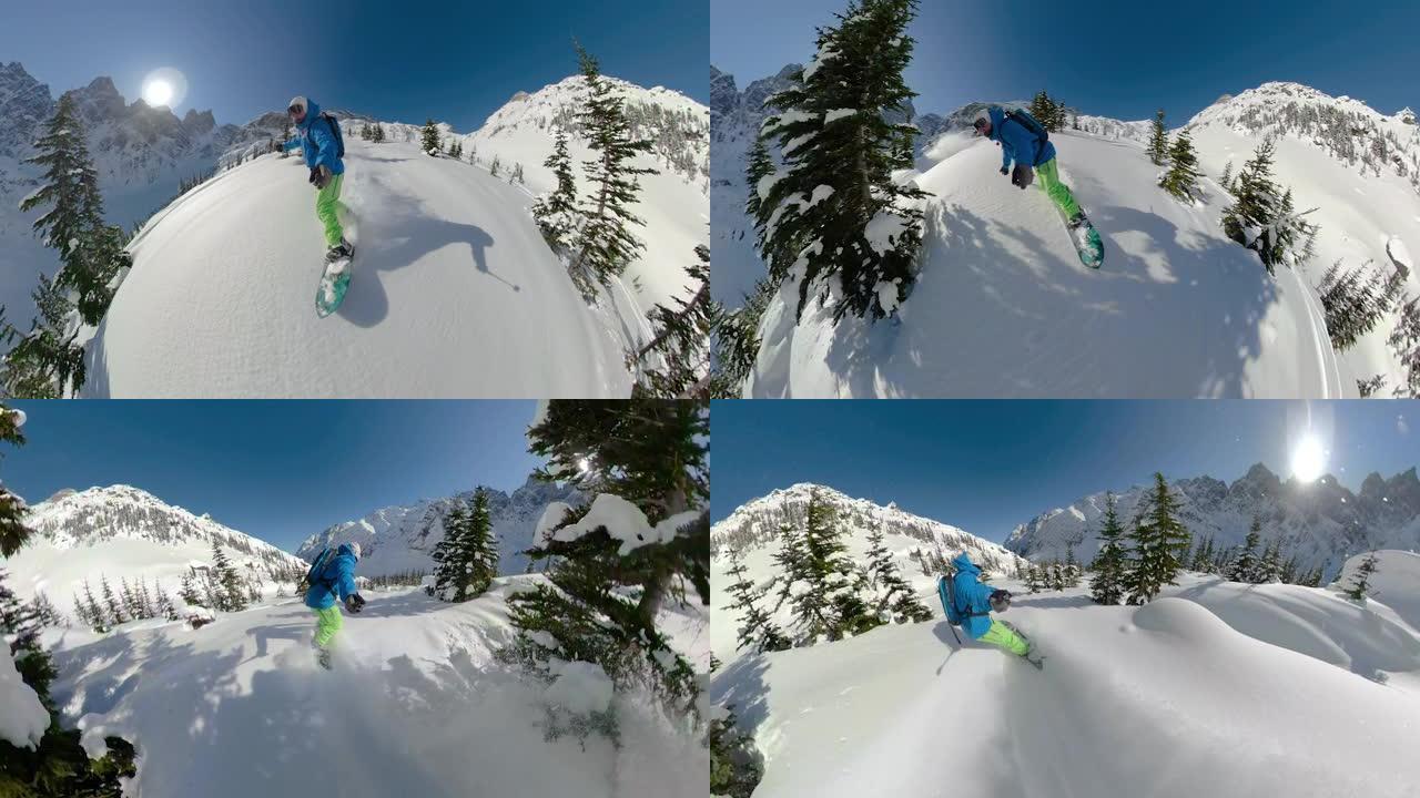 自拍照: 滑雪板手在未触及的山上加速时切碎新鲜的粉末