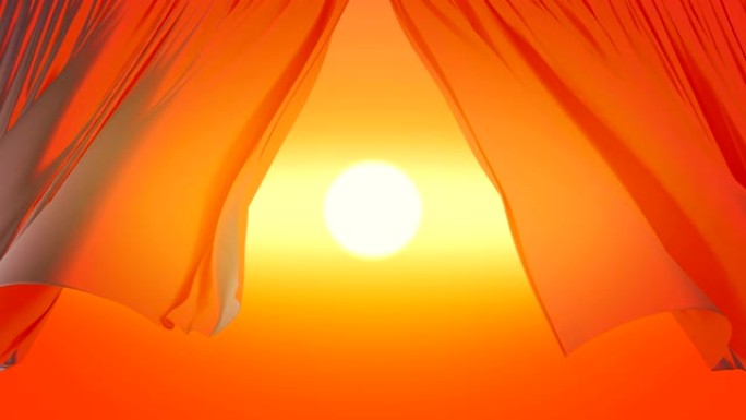 美丽的橙色日落太阳穿过挥舞的窗帘。在风中轻盈丝滑窗帘的3d动画打开了傍晚的天空视图。