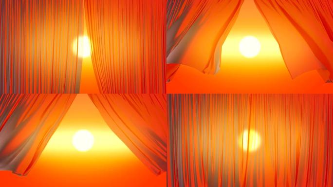 美丽的橙色日落太阳穿过挥舞的窗帘。在风中轻盈丝滑窗帘的3d动画打开了傍晚的天空视图。