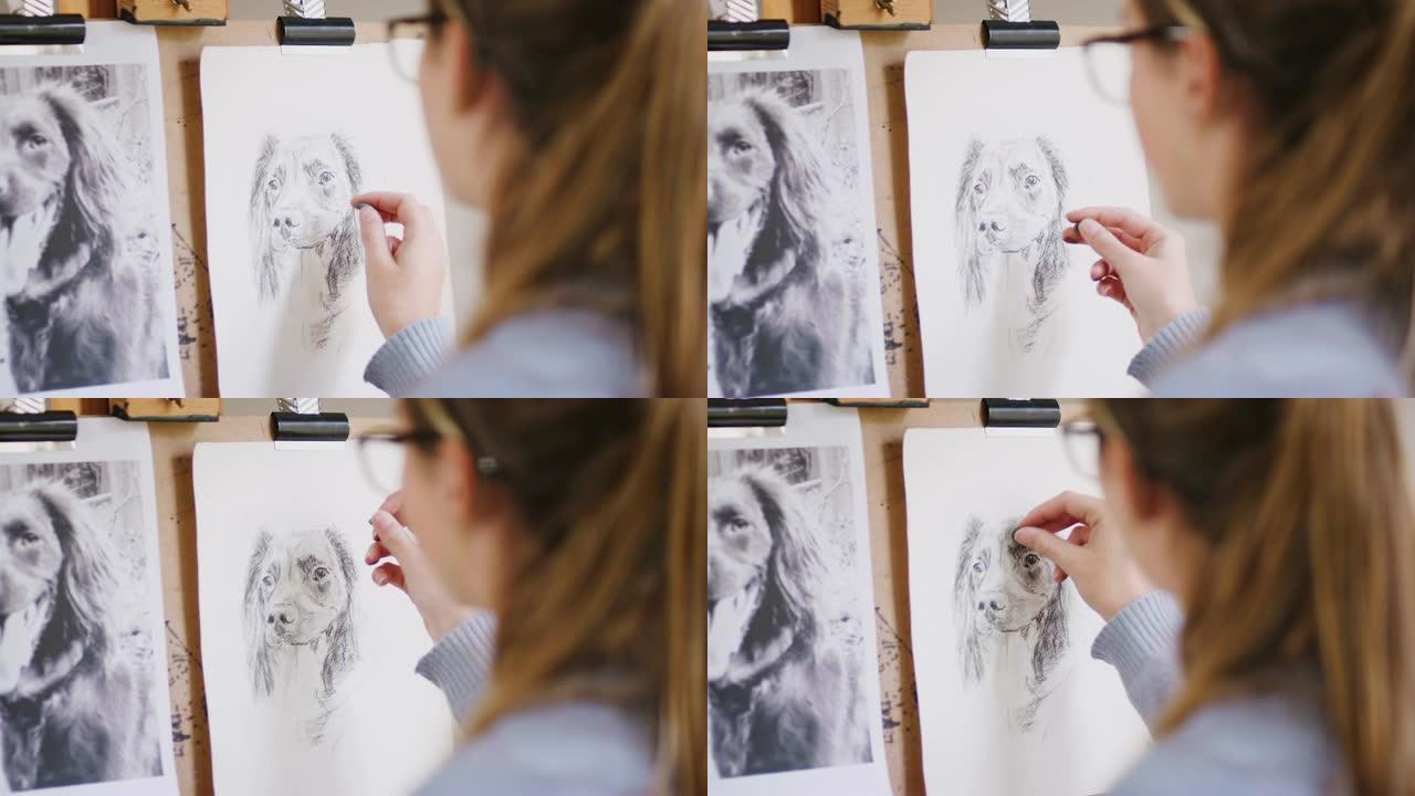 在画架上的女少年艺术家的肩膀上，用木炭绘制的狗的照片