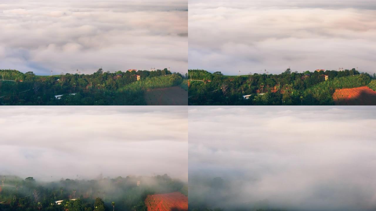 早上有海雾背景的山顶村，4K DCI延时