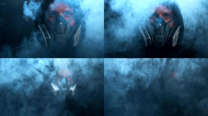 一个戴着口罩的男人退后一步，直到他在烟雾中完全看不见为止