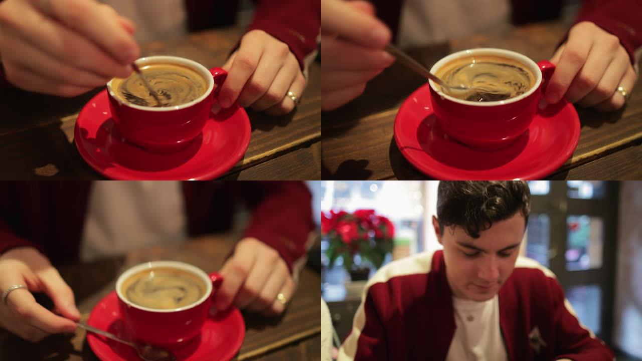 搅拌他的咖啡外国人实拍视频