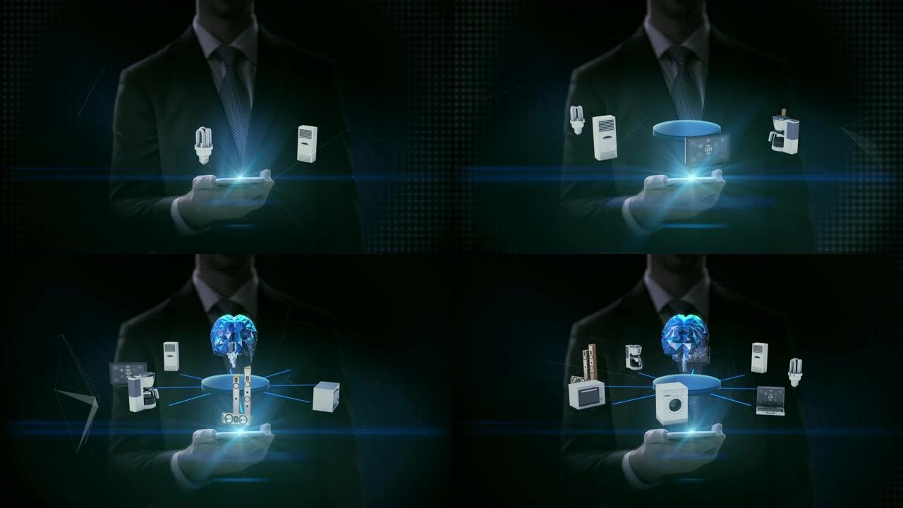 商人slide touch智能手机，人工智能大脑连接显示器，微波炉，灯泡，洗衣机，空调，音频，咖啡壶