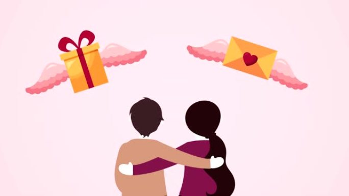 情人节动画卡片，情侣情侣和礼物飞翔