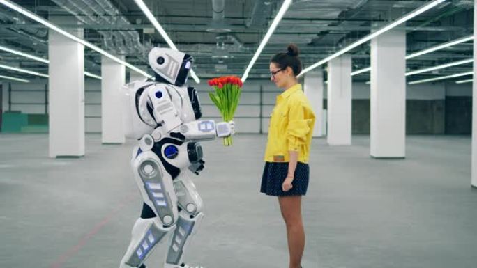 白色半机械人将红色郁金香送给它的朋友女孩。