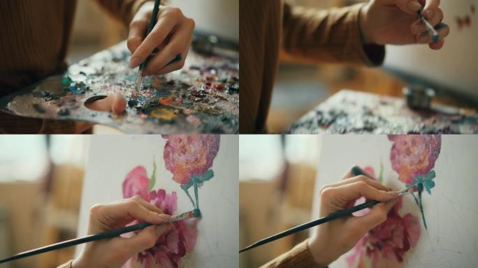 女人的手拿着画笔，在调色板上混合颜色，然后用油画颜料画静物的特写镜头。爱好、生活方式和艺术观念。
