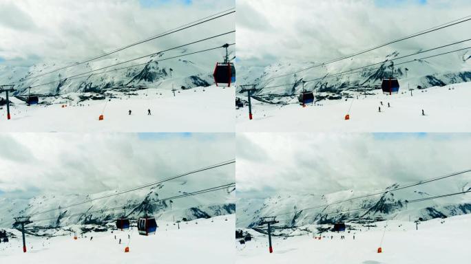 滑雪胜地有雪和电缆铁路。山里的滑雪缆车。