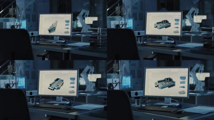 在台式计算机上使用cad软件和3D工业机械部件的设计。背景机器人手臂概念站在沉重的黑暗中。工业工程设