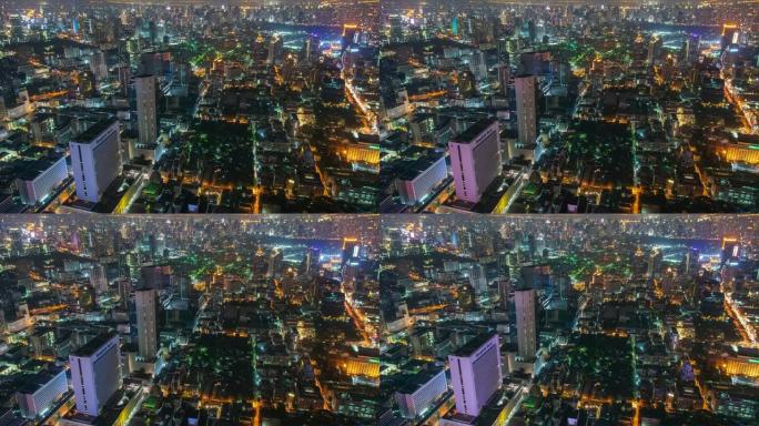 时间流逝和中等拍摄: 曼谷夜间的城市景观。