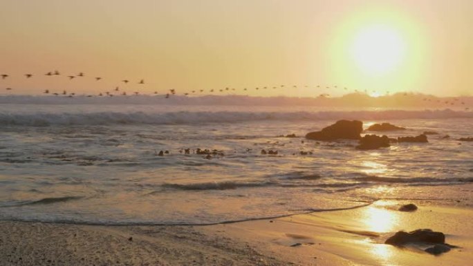 纳米比亚骷髅海岸国家公园，the在海浪上方飞行的4k视图，背景是太阳落山