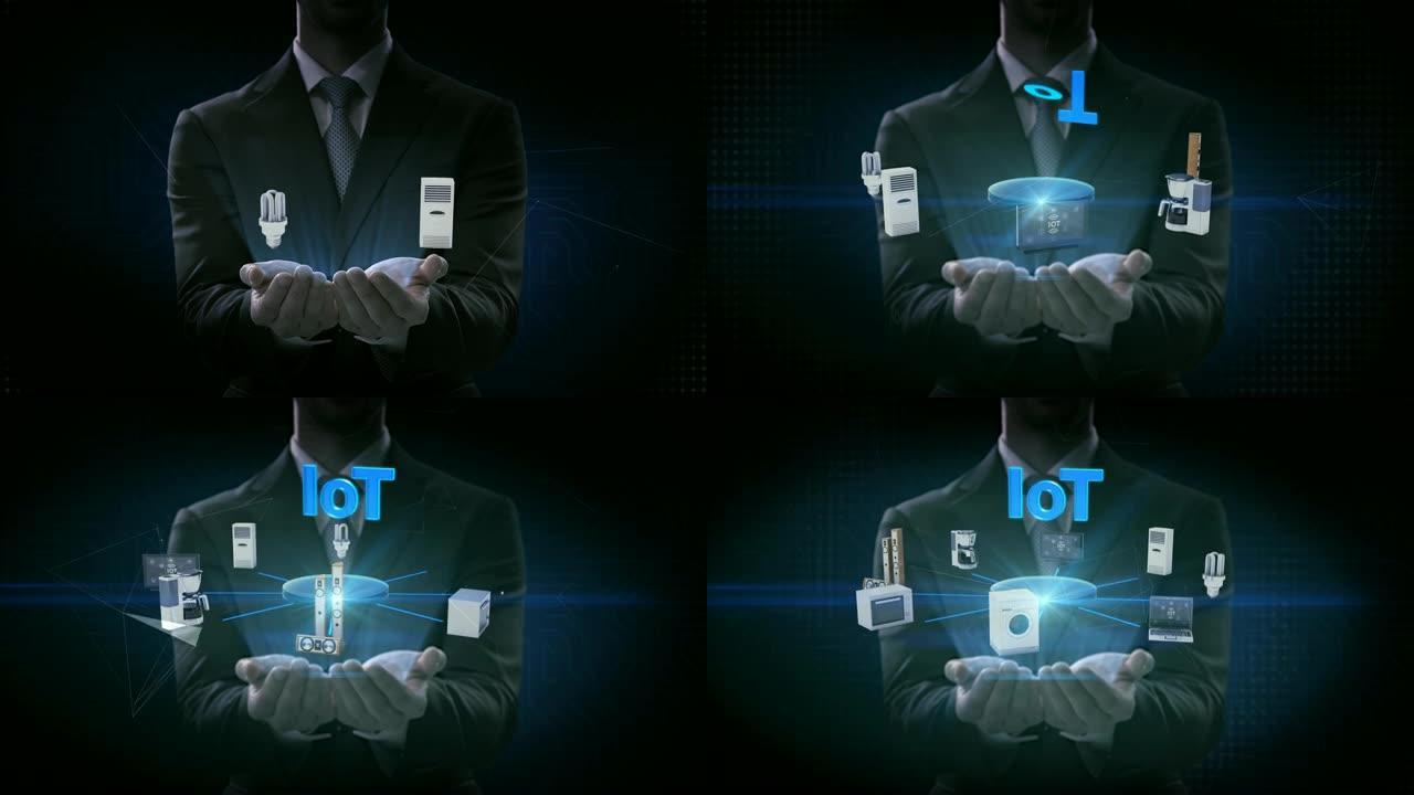 商人打开两个手掌，'IoT' 连接显示器，微波炉，灯泡，洗衣机，空调，音频，咖啡壶，智能家电，4k电