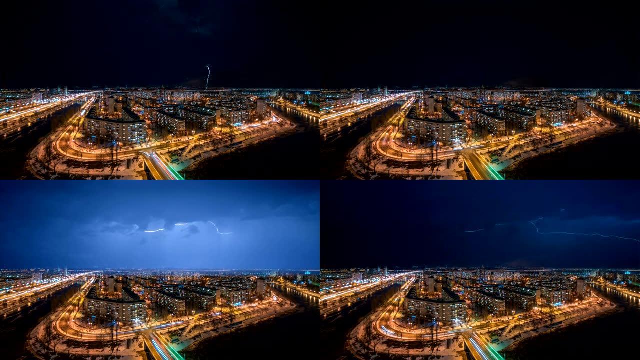 夜城上空的闪电流。时间流逝