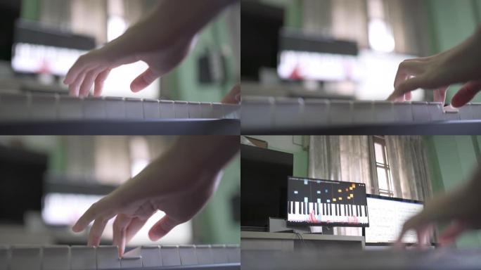 低角度视角女孩的手在新型冠状病毒肺炎病毒的检疫一天在家弹钢琴