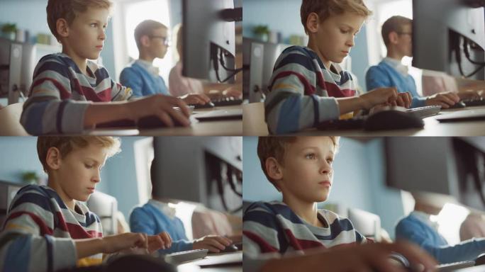 小学计算机科学教室: 聪明的小男孩使用个人计算机，学习如何安全使用Internet，编程语言进行软件