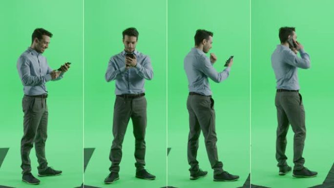 4合1绿屏拼贴: 英俊的男人穿着便服，使用智能手机，拨打电话，浏览互联网，社交媒体。多重角度值包: 