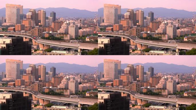 日本南部九州的延时鸟瞰图福冈市景日落