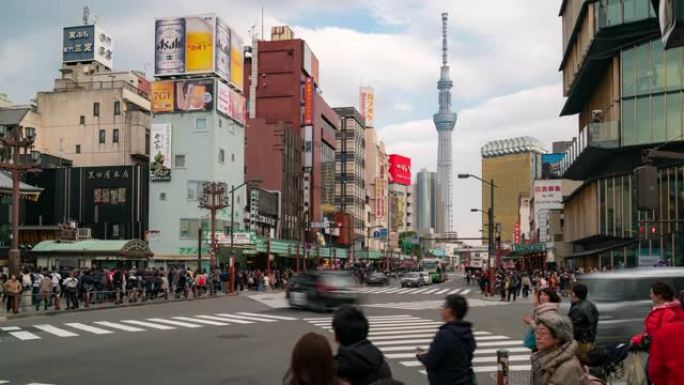 延时: 来自浅草的东京摩天大楼与日本市区的城市景观