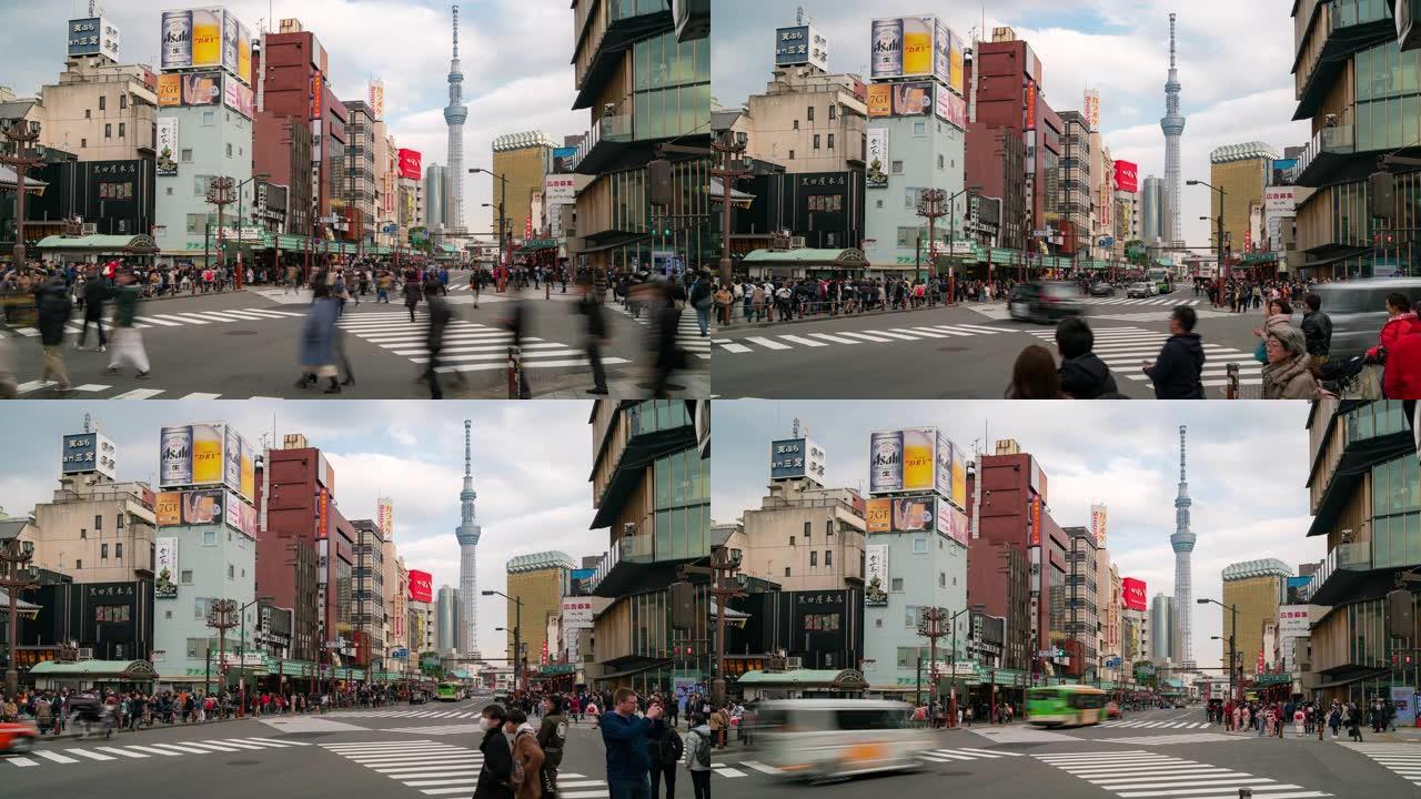 延时: 来自浅草的东京摩天大楼与日本市区的城市景观