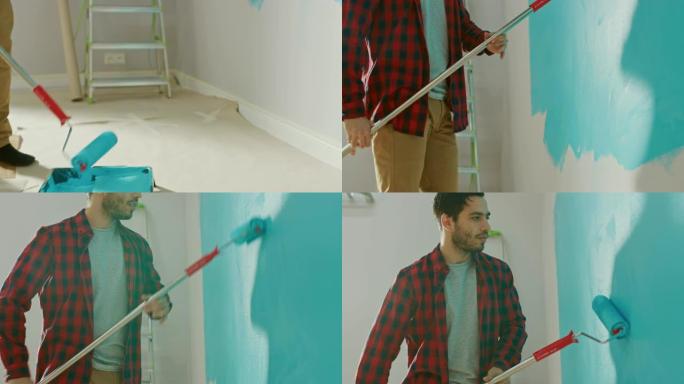 穿着棕色牛仔裤和红色格子衬衫的男人在长柄滚筒上涂上浅蓝色油漆，开始粉刷墙壁。油漆颜色为浅蓝色。家里的