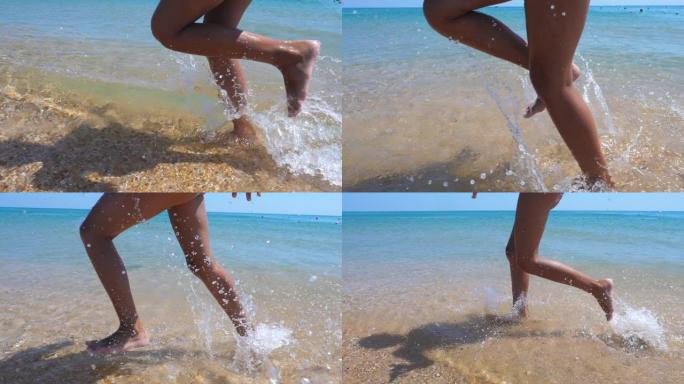 女性腿的慢动作溅入水中。