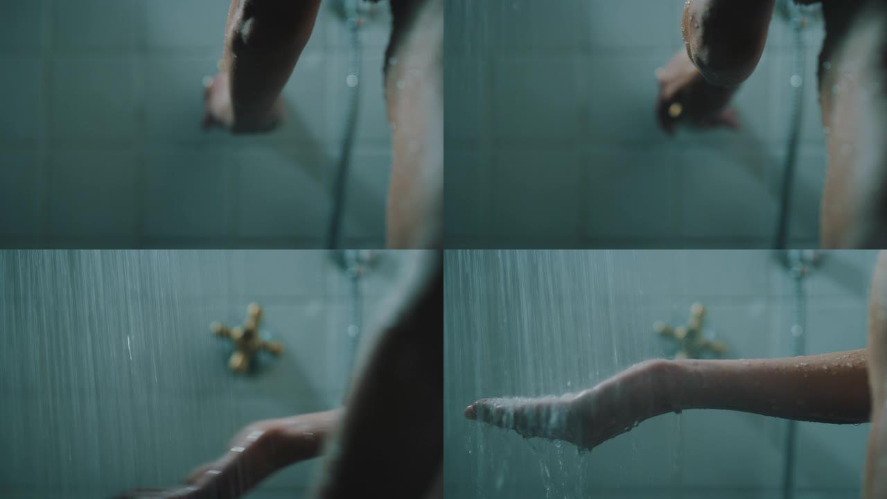 一个年轻性感女人正在洗澡的电影宏观镜头