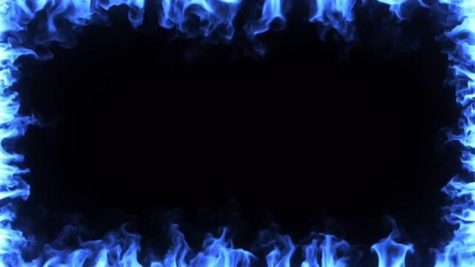 蓝色魔法火在慢动作中燃烧。黑色孤立背景下屏幕周围的火热框架。无缝循环3d渲染