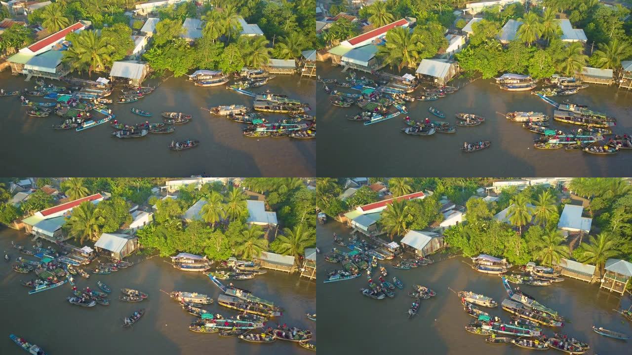 占领浮动市场的当地越南人民的空中壮观景象