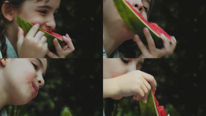 小女孩微笑着吃西瓜