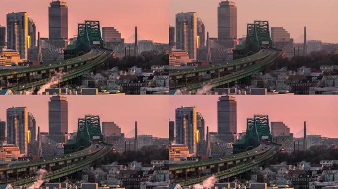 波士顿天际线的时间流逝，桥梁和城市景观上的快车