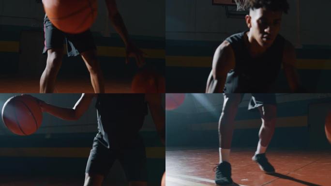 一名年轻职业男球员的电影慢动作特写镜头正在健身房用两个球练习篮球锻炼