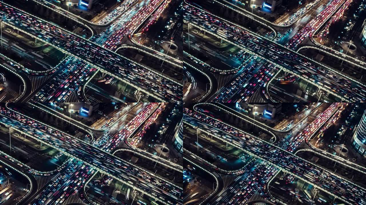 夜间/北京，中国立交桥和城市交通的T/L ZO鸟瞰图