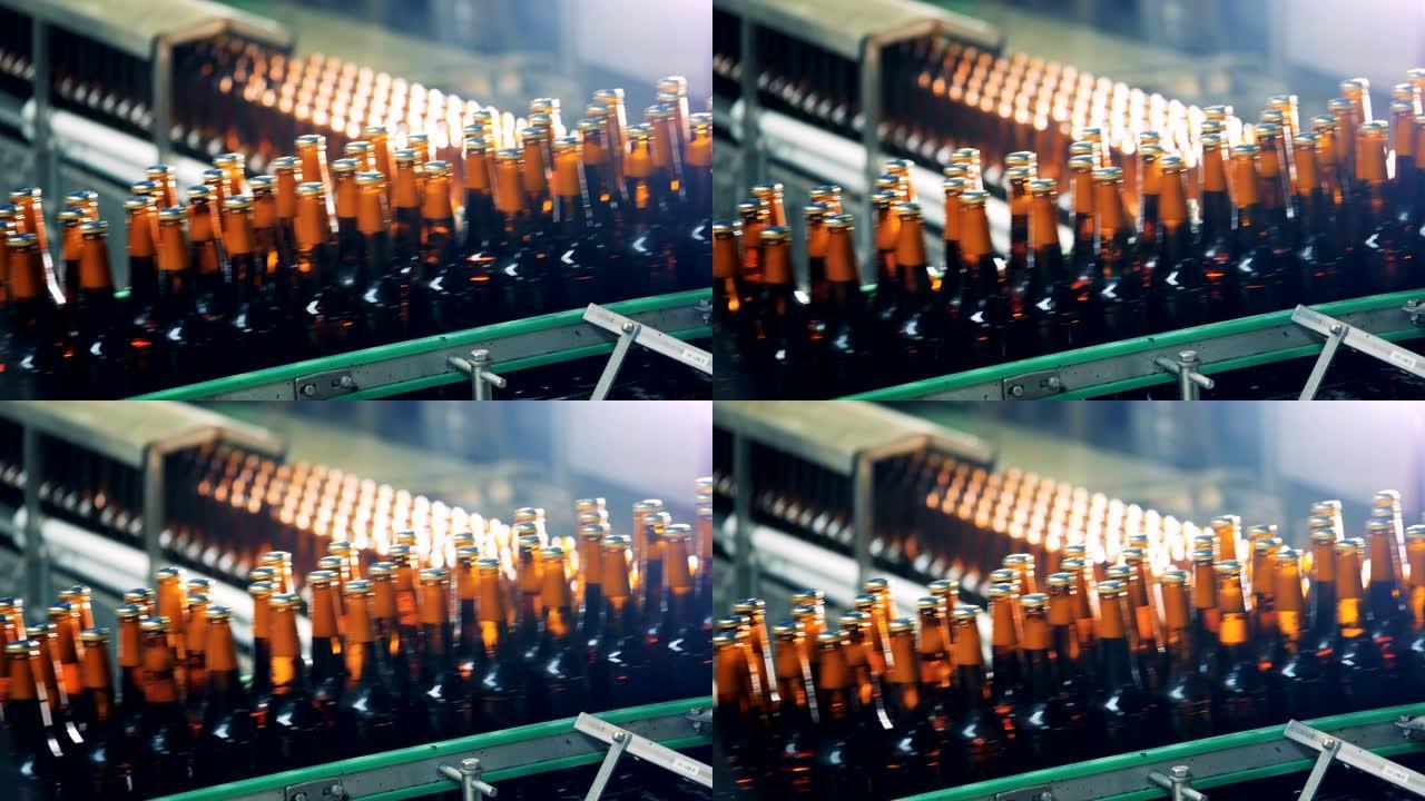 啤酒厂设备用啤酒瓶移动，特写。