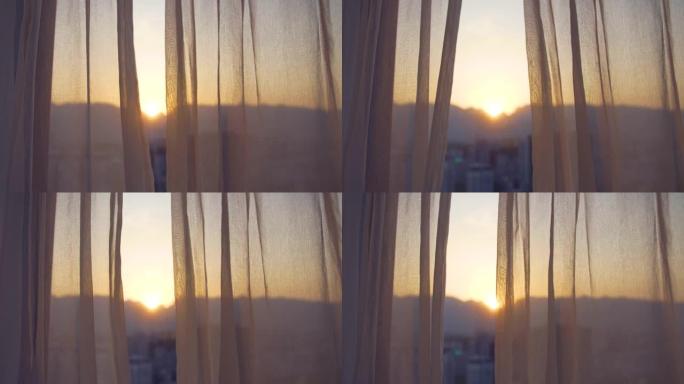日落时的窗帘窗黄昏夕阳落日