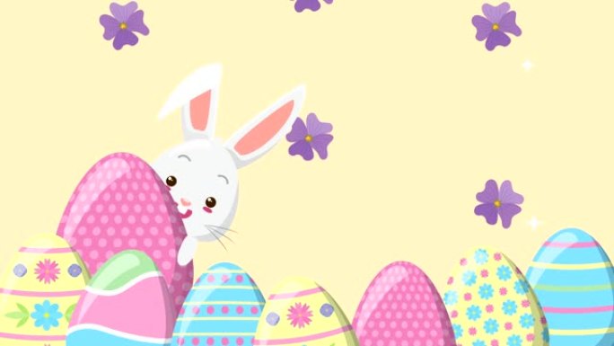 彩绘鸡蛋和兔子的复活节快乐动画卡片