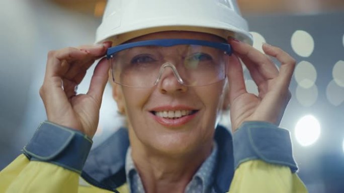 职业重工业女工程师的肖像穿着安全服和安全帽，脱下护目镜，迷人地微笑。在背景中，焊接火花飞扬的大型工业
