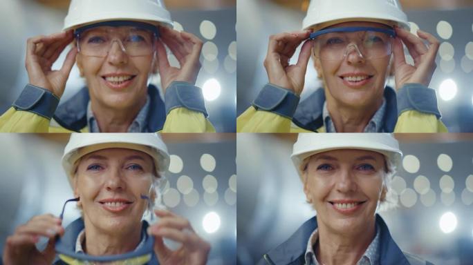 职业重工业女工程师的肖像穿着安全服和安全帽，脱下护目镜，迷人地微笑。在背景中，焊接火花飞扬的大型工业