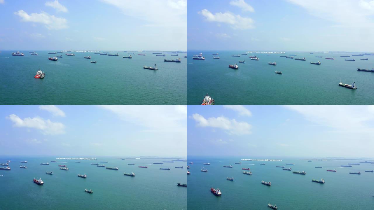 新加坡马六甲海峡航拍油船和货船